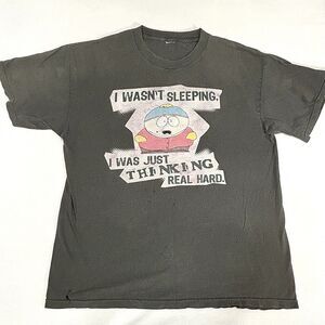Vintage South Park T Shirt Cartman Just Thinking Real Hard Gray Thrashed